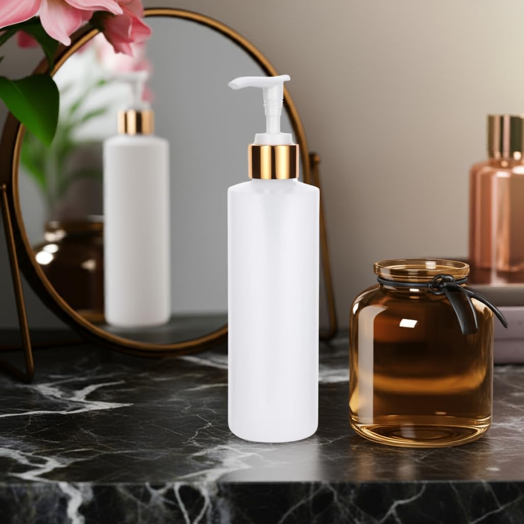 8 oz Clear Natural Refillable Plastic Squeeze Bottle with Gold Lotion Pump Dispenser (6 Pack)