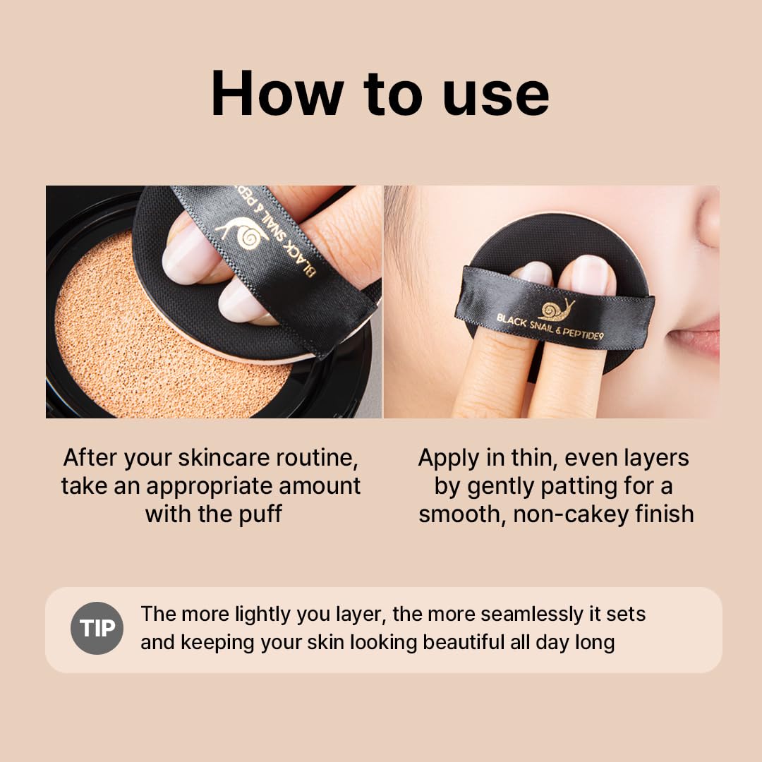 Farmstay Black Snail & Peptide 9 Perfect Cushion Foundation | Full Coverage, Lightweight, Skin-Fit, Smooth Radiant Finish, Korean Cushion Foundation (#23 Natural Beige, 0.53 Fl Oz)