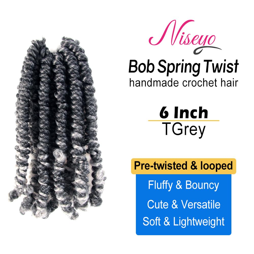 Niseyo Pre twisted Bob Spring Twist Hair 6 Inch 7 Packs Short Pre-looped Crochet Braid Ombre Gray (TGrey)