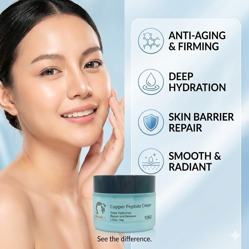 Icoolcat Blue Copper Peptide Face Cream with Acetyl Hexapeptide-8 & Ectoin - Anti-Aging Daily Moisturizer for Fine Lines & Wrinkles - Firming, Hydrating & Barrier Repair Skin Care - 1.7 oz
