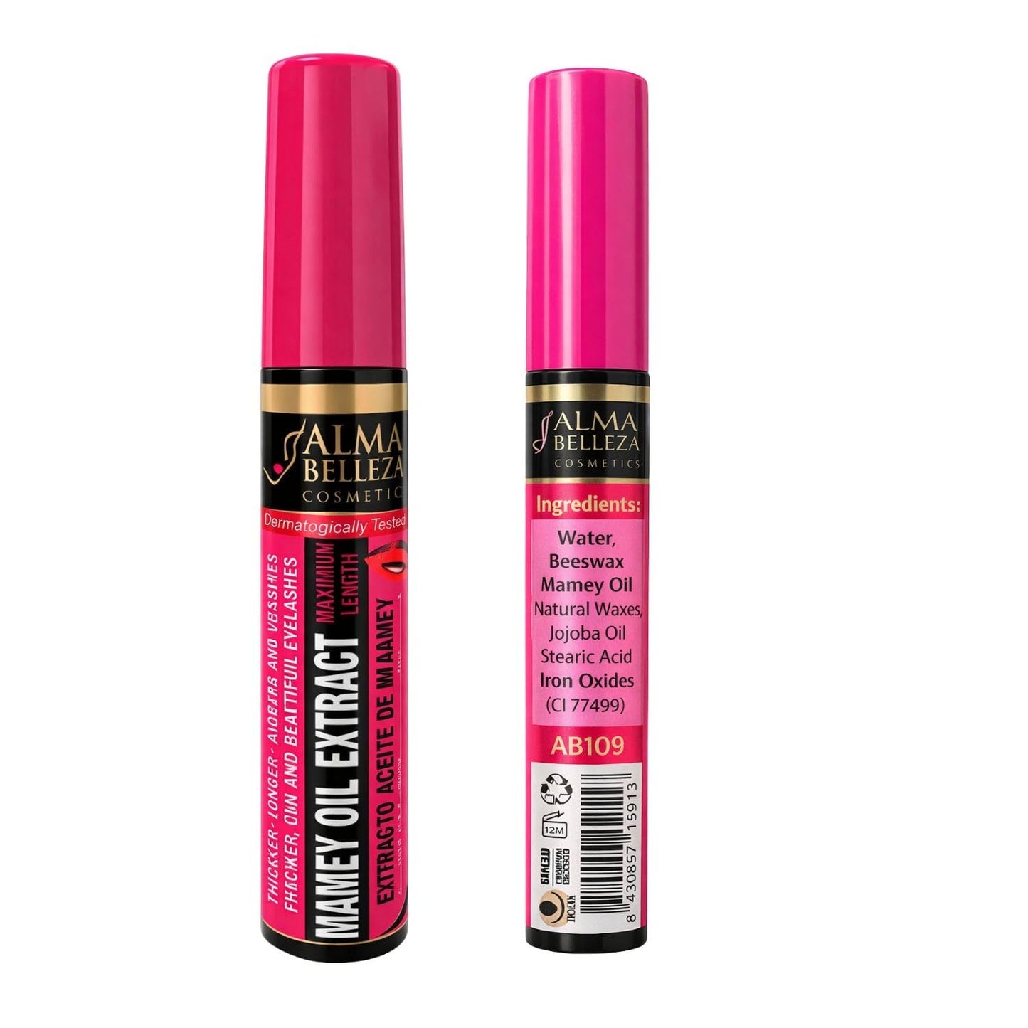 Mamey oil extract mascara maximum length ALMA BELLEZA NET WT. 0.45 oz MAXIMUM LENGHT Pestanas mas gruesas Largas & Bonitas Water Proof "Intense Black "