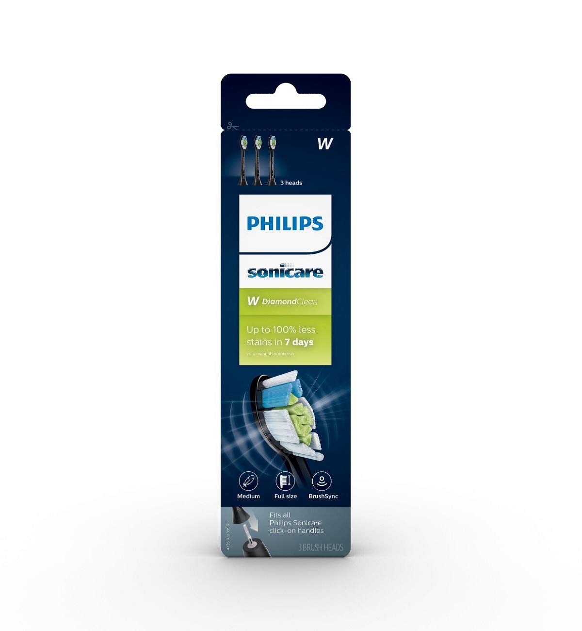 Philips Sonicare W DiamondClean - Genuine Replacement Electric Toothbrush Heads, Black, 3 Pack, HX6063/95