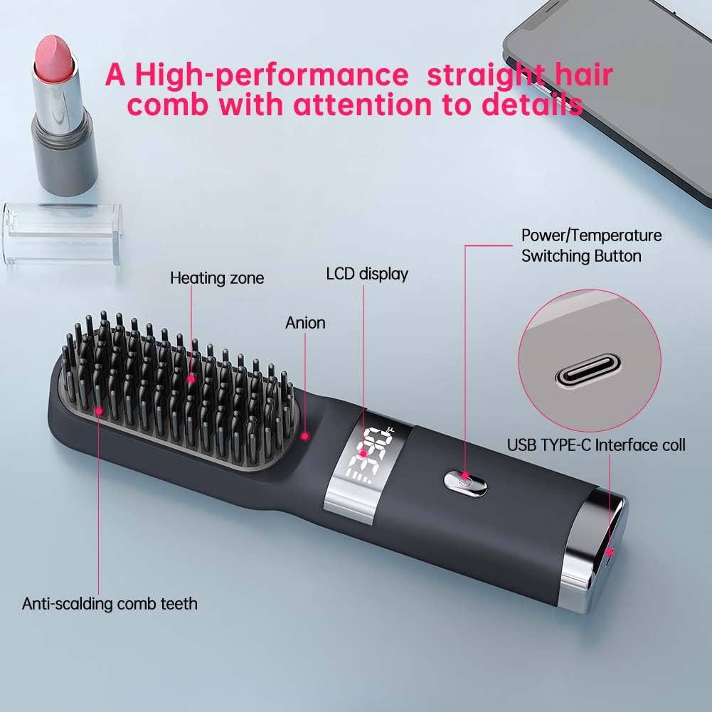 Cordless Hair Straightener Brush Portable on The go Comb for Travel USB chargingTwo Power sources30s Fast HeatingLCD Large Screen Display (Black) 040404