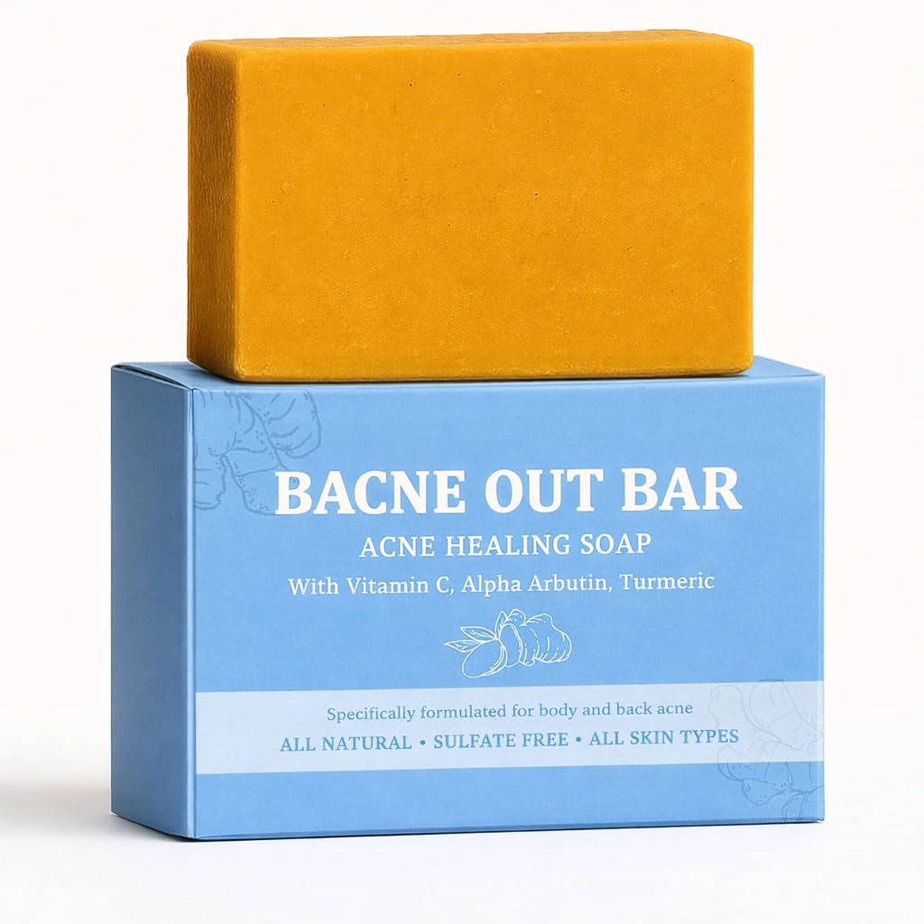 PARWENE Bacne Out Bar, Acne Healing Soap with Turmeric Vitamin C & Alphaarbutin, Natural Exfoliating Cleanser for Back, Face, Chest, Shoulders (1)