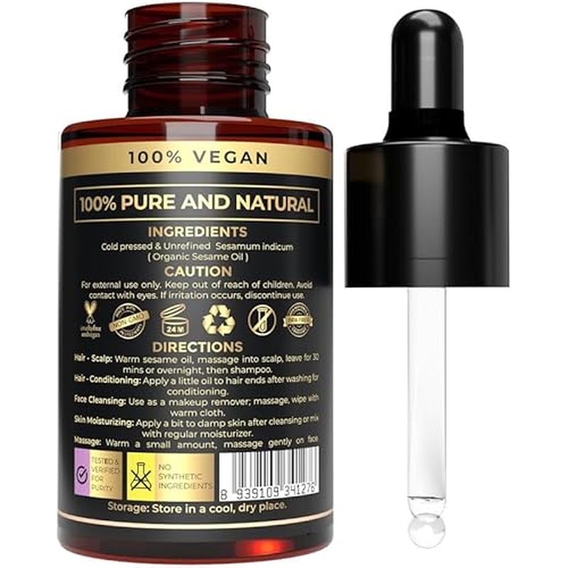 Premium Organic Sesame Oil - Cold Pressed, for Skin & Hair - Nutrient-Rich Sesame Seeds - Natural & Pure - Non-GMO, Vegan, Cruelty-Free, Hexane-Free - 1 fl oz