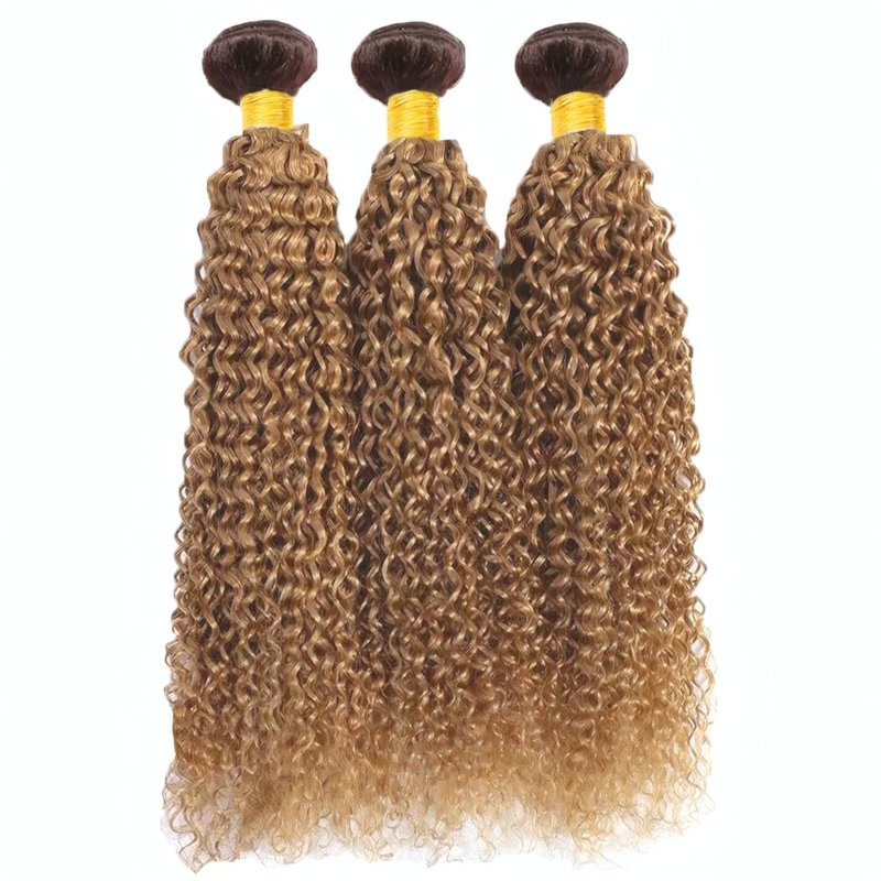Honey Blonde Kinky Curly Hair Bundles - 3 Pack Brazilian Virgin Hair Weave | Ombre Dark Brown, 10-12-14 Inch