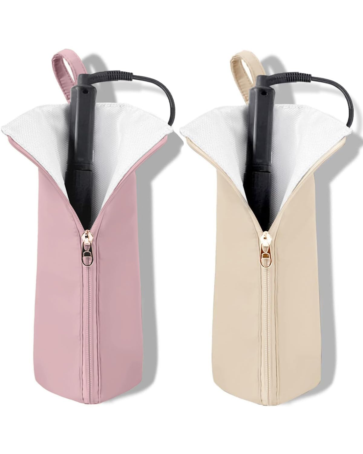 Easy-U Holder & Mat for Curling Iron Flat Iron, Heat Resistant Hot Hair Tool Travel Bag Case (pink&beige)