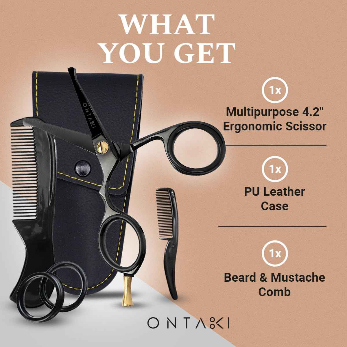 Ontaki Mustache Scissors - 4.2" Black Japanese Steel - Beard & Nose Hair Trimming Scissors for Men - Rounded Tip Ergonomic Handles - Hand-Forged Mustache Grooming Kit