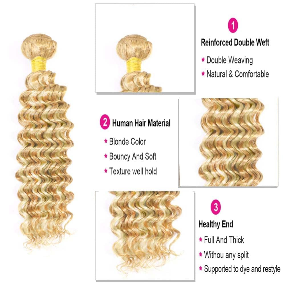 Ombre Highlight Deep Curly Bundles Human Hair Honey Blonde Loose Deep Wave Bundles P27/613 Human Hair Bundles Double Weft Tow Tone Silky Soft and Silky for Black Women 8 10 12 Inch