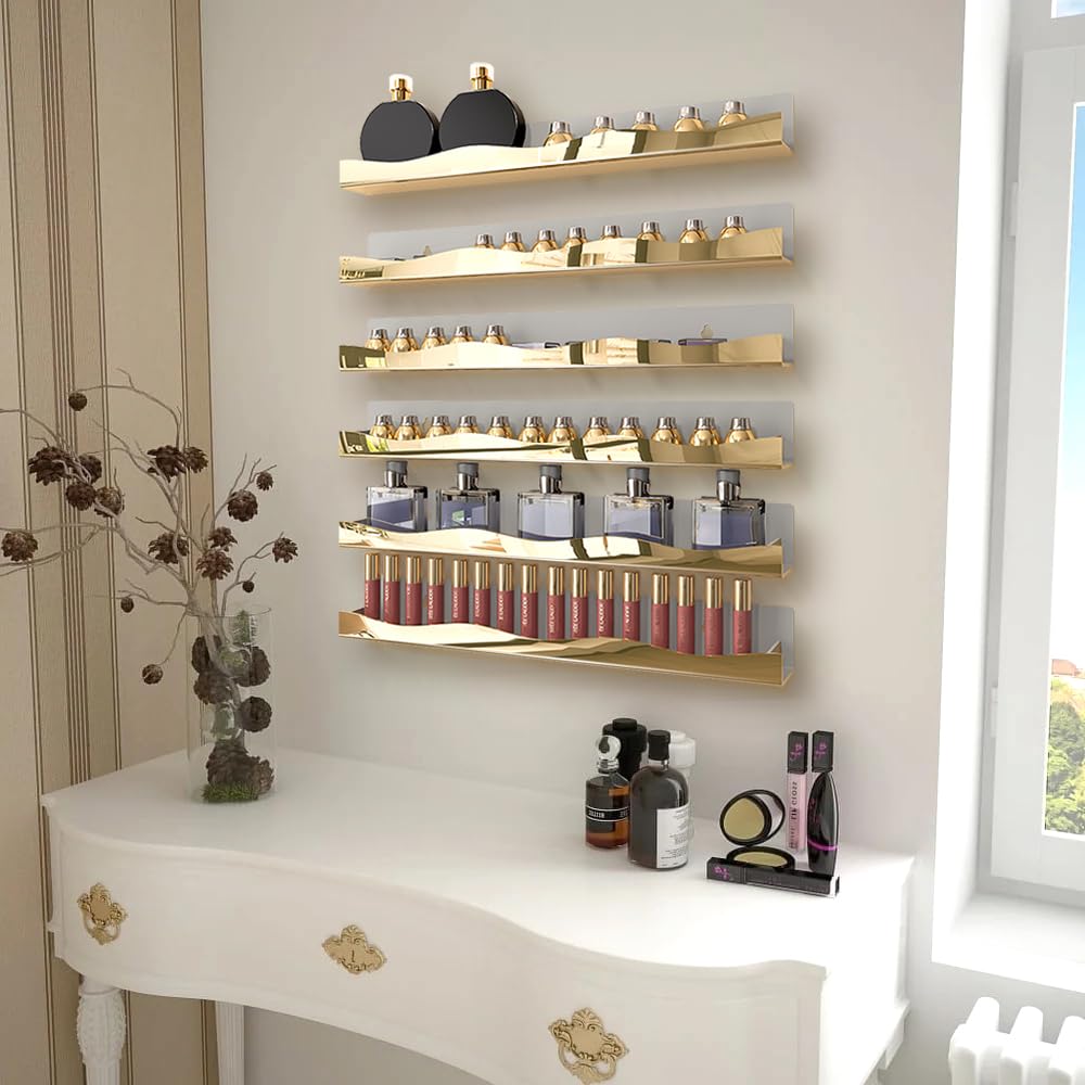 YMVV Mirror Silver Acrylic Nail Polish Rack, 15 Inch Wall Mounted Shelf Nail Polish Shelf, Sunglasses Essential Oil Storage Rack Display Rack 6 Pack