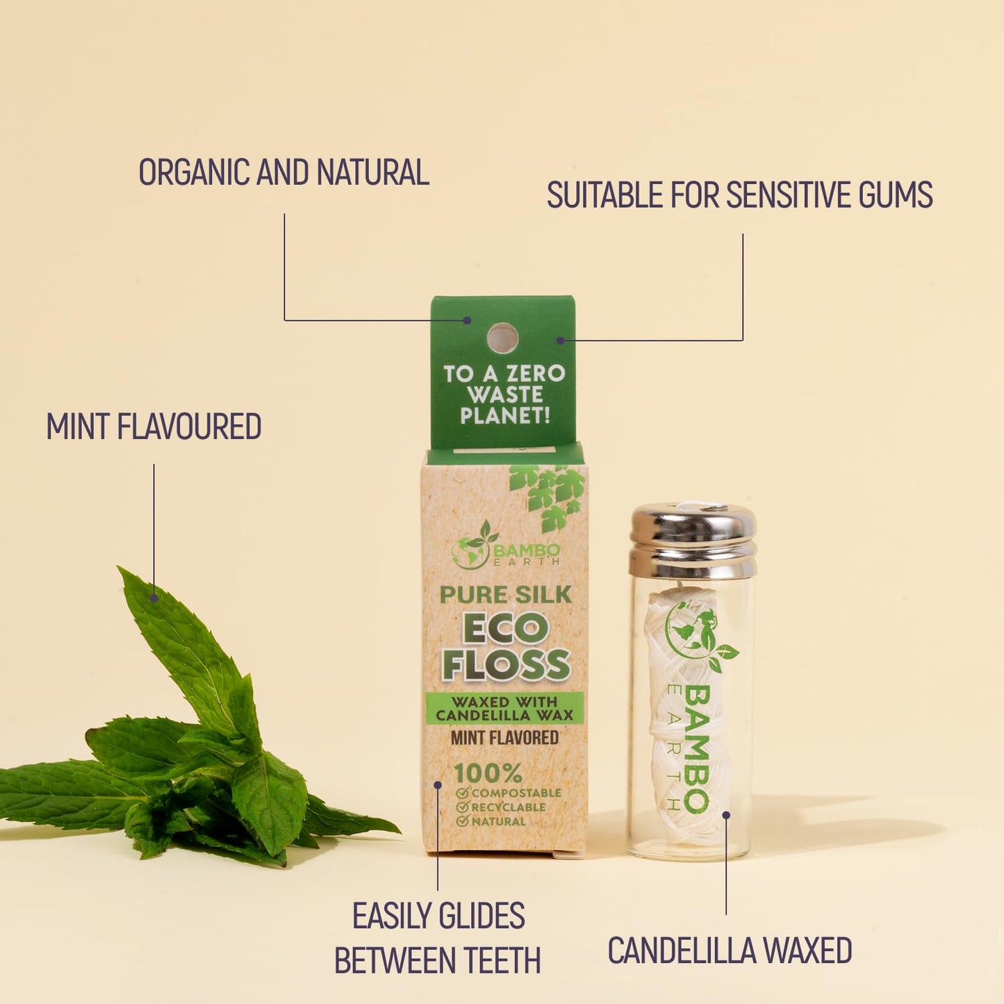 Biodegradable Mint Dental Tooth Lace Floss With Refillable & Reusable Glass Holder - 100% Organic Natural and Compostable Teeth Silk Spool Waxed With Candelilla Wax & Eco-Friendly Zero Waste Packaging