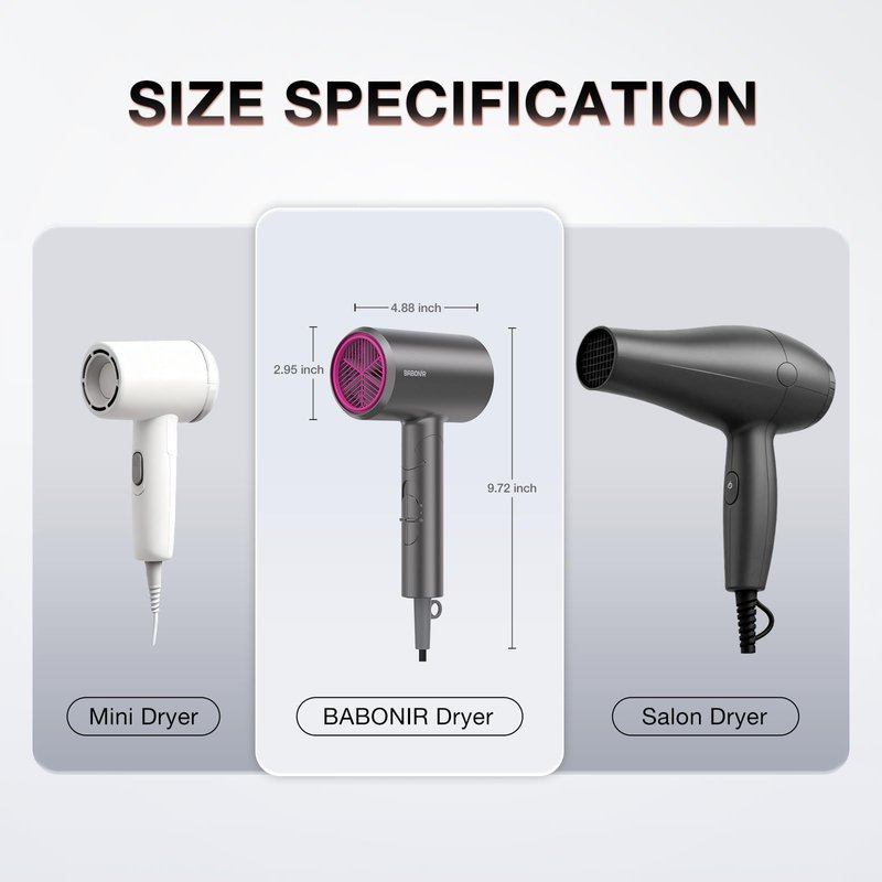 BABONIR Hair Dryer with Diffuser for Women, 1875W Fast Drying Ionic Blow Dryer for Home Use, Lightweight Foldable Hairdryer with Concentrator Nozzle, 3 Heat 2 Speed Settings, Gray