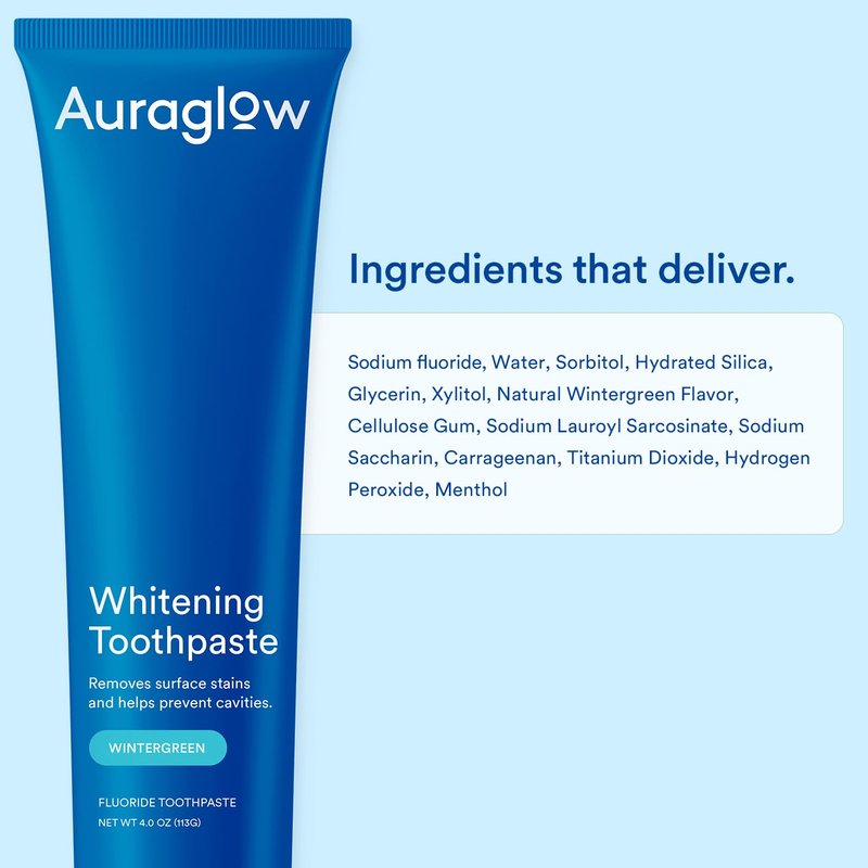 Auraglow Whitening Toothpaste, Hydrogen Peroxide Toothpaste with Fluoride, Whitens Teeth, Prevents Cavities, Strengthens Enamel for Adults, Kids Oral Care, Wintergreen Flavor, 4 oz (1 Pack)