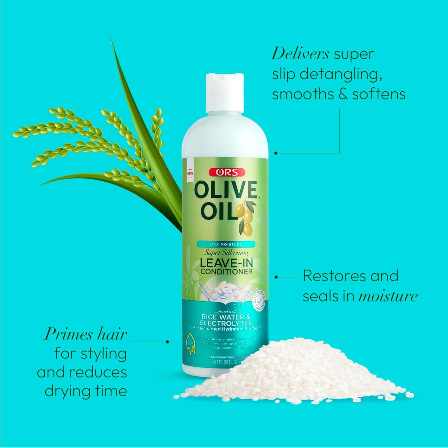 ORS Olive Oil Leave-In Conditioner - Max Moisture with Rice Water & Electrolytes | 16 oz (Pack of 4)