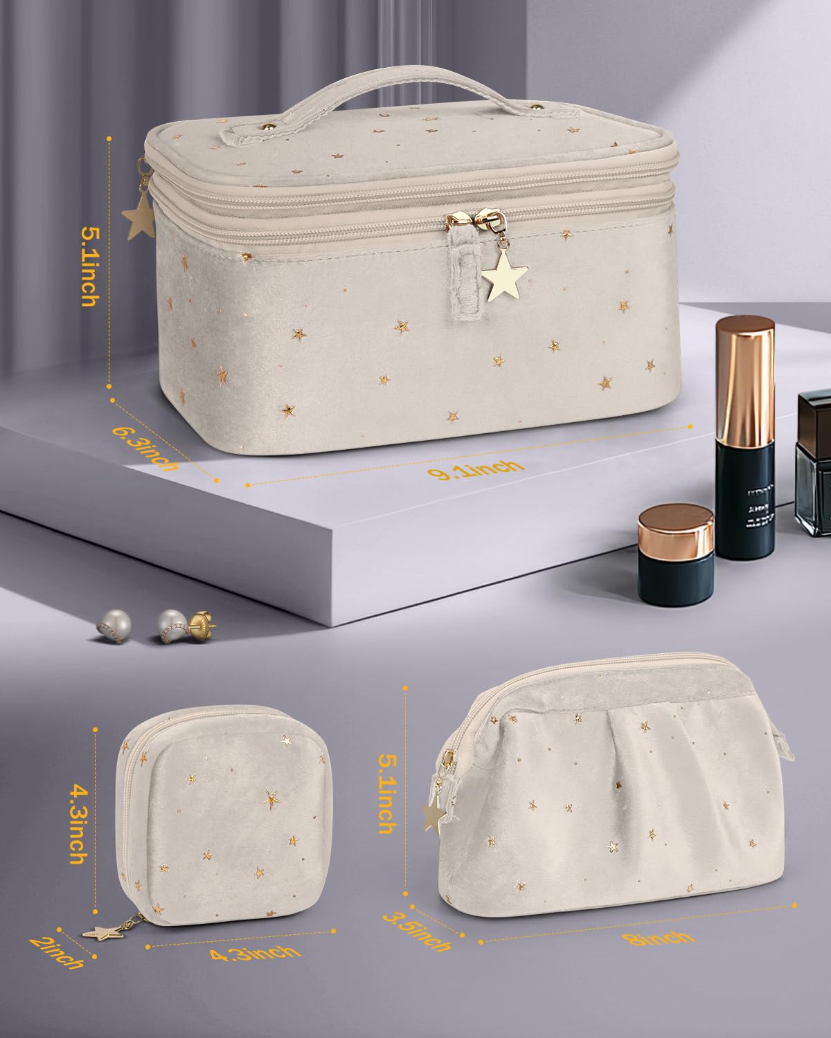 Wedama Makeup Bag, Double-layer Cosmetic Bag with Jewelry Storage and Brush Holders 3 Pcs Velvet Makeup Bag Set Travel Makeup Organizer Bags Portable Cosmetic Case Toiletry Bag for Women Girls, Red