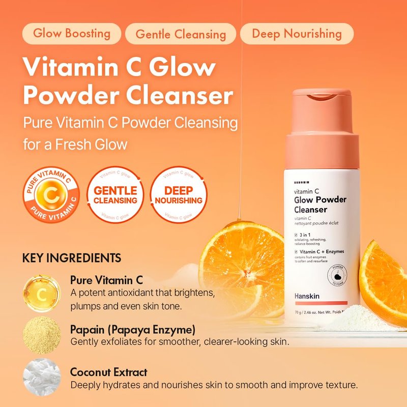Hanskin Vitamin C Glow Powder Cleanser – Korean Brightening, Exfoliating Face Wash | Papaya Enzyme + Vitamin C for Radiant, Smooth, Even-Toned Skin | Gentle Daily Powder-to-Foam Cleanser | 2.36 fl oz
