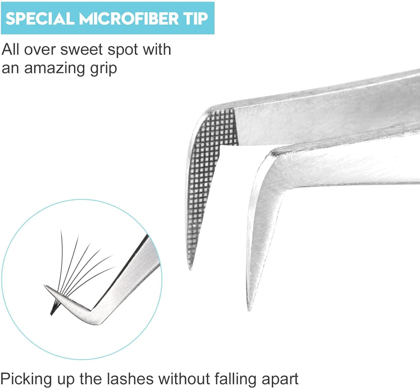 Lash Tweezers for Eyelash Extensions - Professional 5-Piece Curved Isolation Set | Blue Fiber Tip