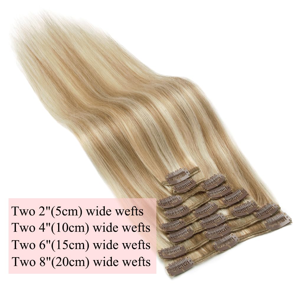 Real Human Hair Clip-In Extensions - Light Blonde & Golden Blonde 14 Inch 60g | 8pcs Remy Balayage Weft for Women