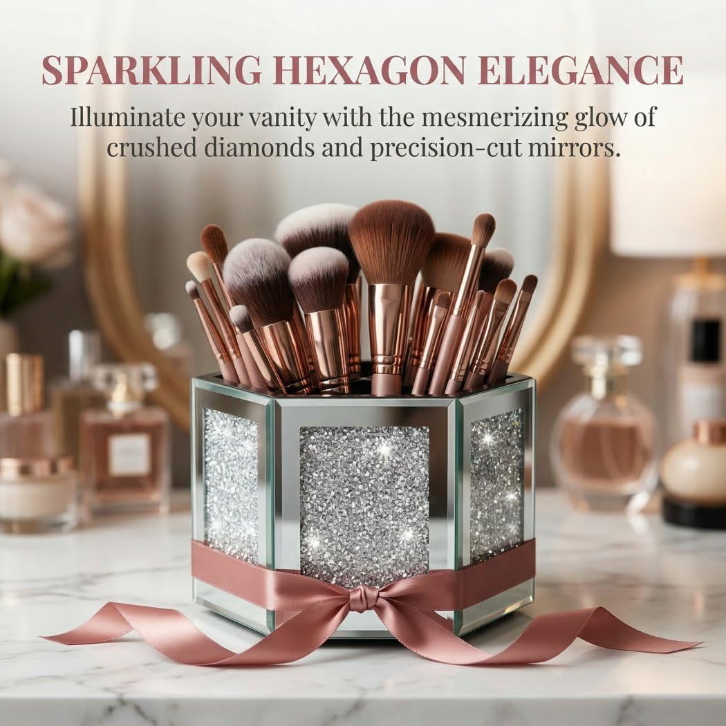 VOHJD Rotatable Multifunctional Jewelry Utensil Holder Hexagon Jewelry Make up Organizer Cups Crush Diamond Mirror Decor, brush/office pen cup holder Eyeliners Display Case for Vanity