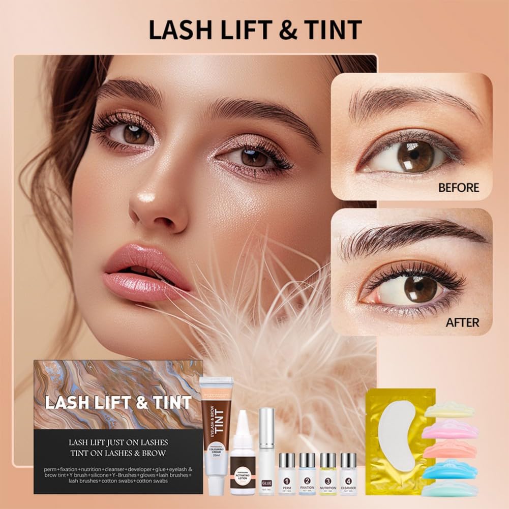 6 IN 1 Lash Lift & Brow Lamination Kit with Black Dark Brown, Home Lash Lift Kit, Quick Lash Curled Brow Perming with All Tools, Safe and Effective Result, Lasts for 6-8 Weeks, Christmas Gift for Her