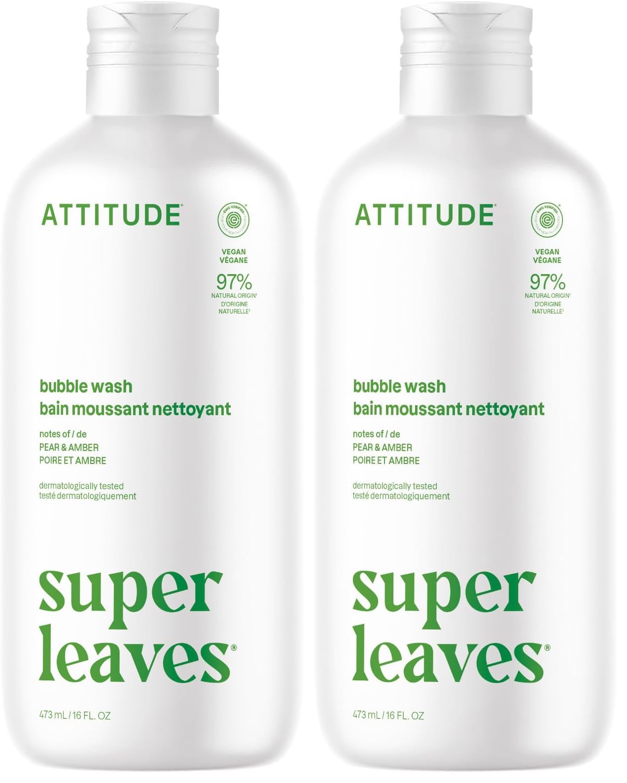 ATTITUDE Bubble Bath, EWG Verified, Plant and Mineral-Based Ingredients, Dermatologically Tested, Vegan and Cruelty-Free Body Care Products, Olive Leaves, 16 Fl Oz (Pack of 2)