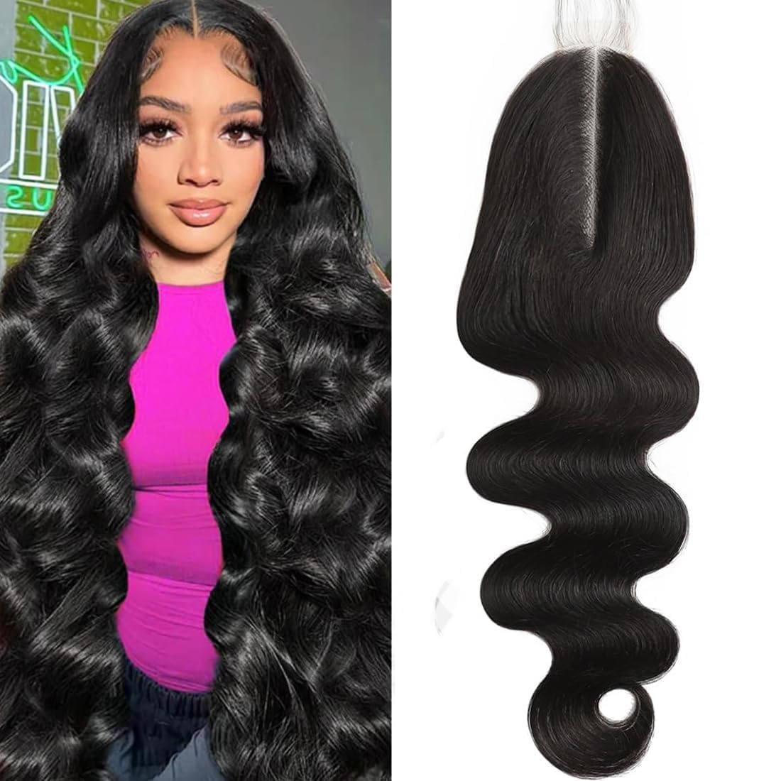 2x6 HD Transparent Skinlike Human Hair Lace Closure Body Wave 12inch 100% Brazilian 2x6 Closure Virgin Human Hair Kim K Middle Part Closure Body Wave Natural Black Glueless Pre Plucked Bleached