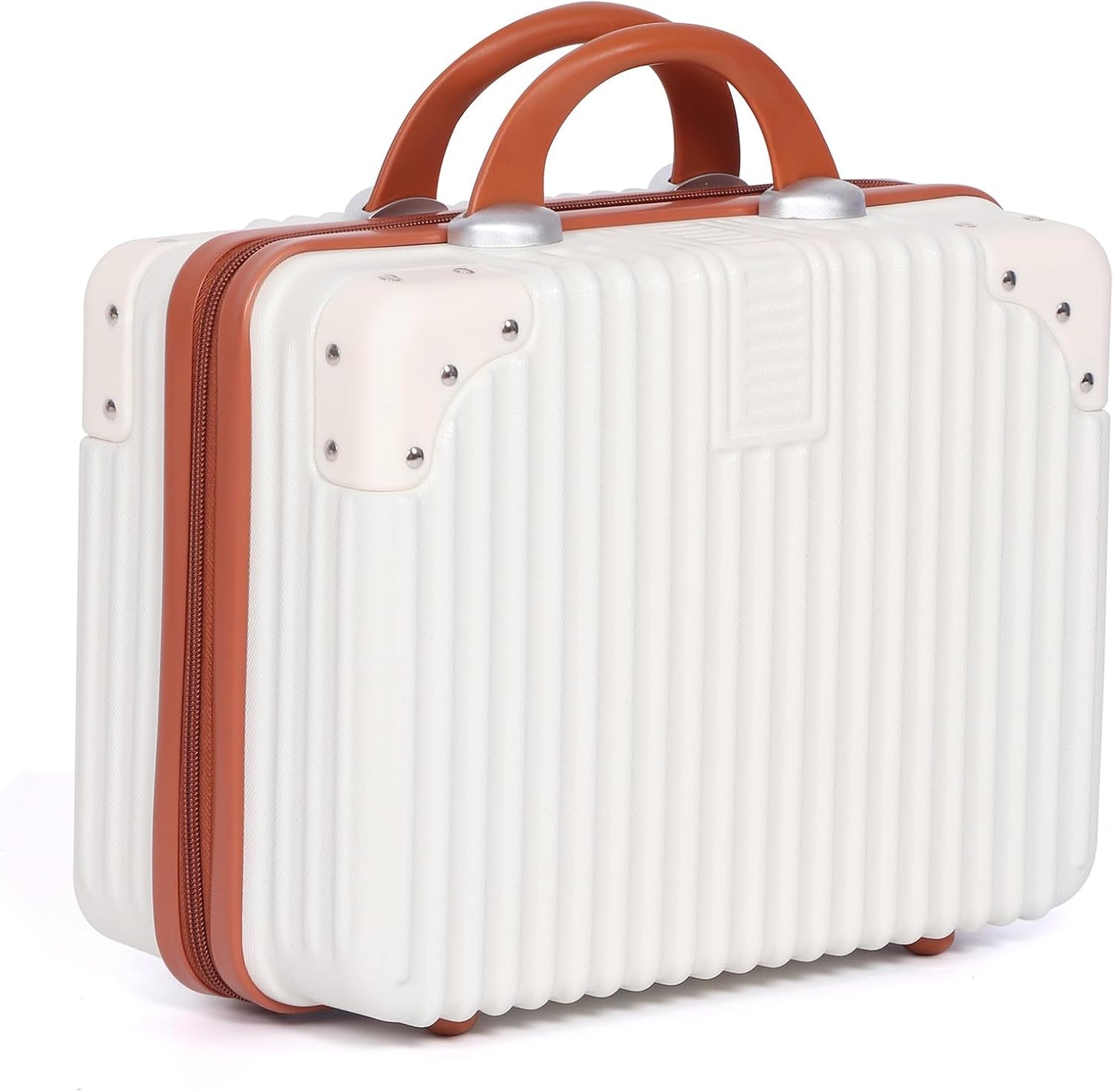 Portable 14-Inch Makeup Travel Case - Pressure-Proof Hard Suitcase with Elastic Band | Beige Toiletry Bag for Women