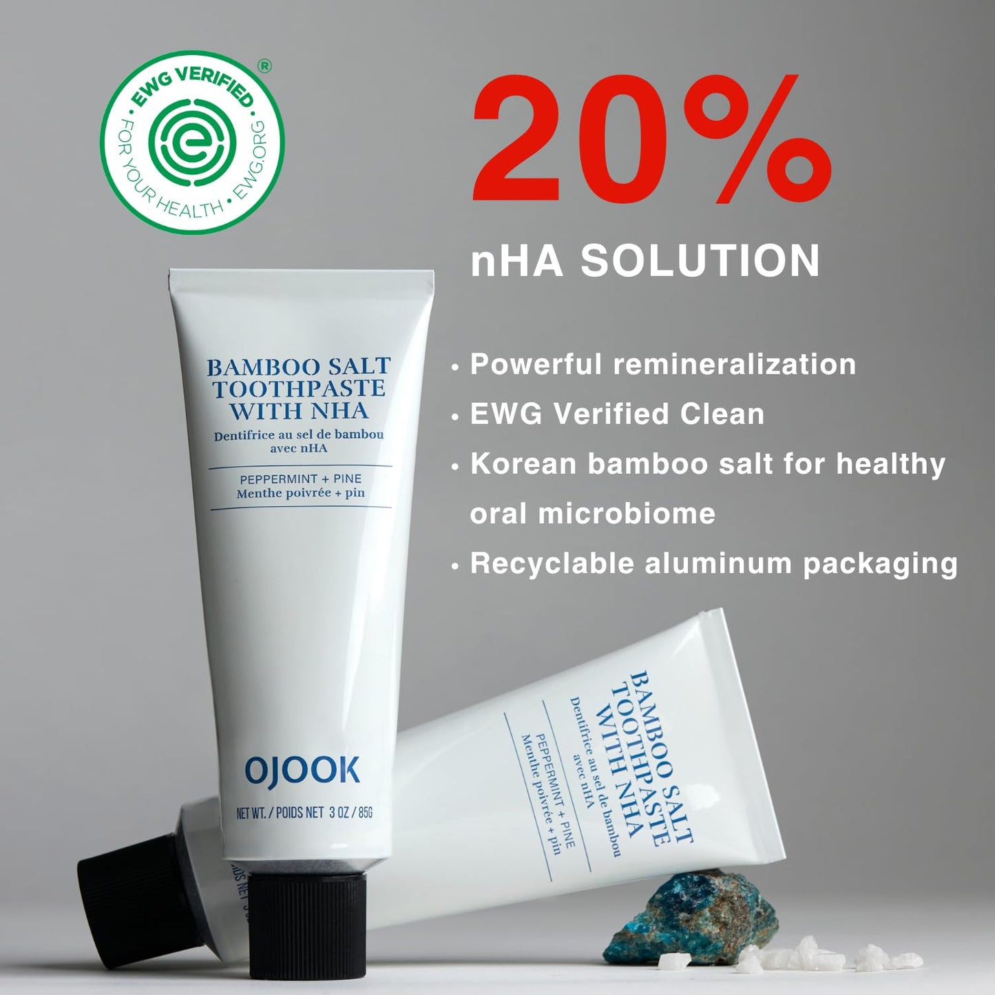 OJOOK Bamboo Salt Toothpaste with nHA | Fluoride Free, Nano Hydroxyapatite, Remineralizing, Sensitive Teeth, Whitening - Dentist Recommended Oral Care - Pepperming & Pine Flavor, 3 Fl Oz 1 Pk