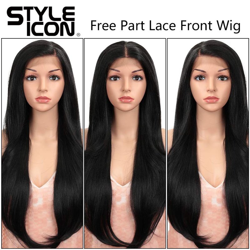Style Icon Easy-360 Lace Wigs 28" Free Part Lace Frontal Wigs Long Straight Wig Black Synthetic Wig(28", 1B)