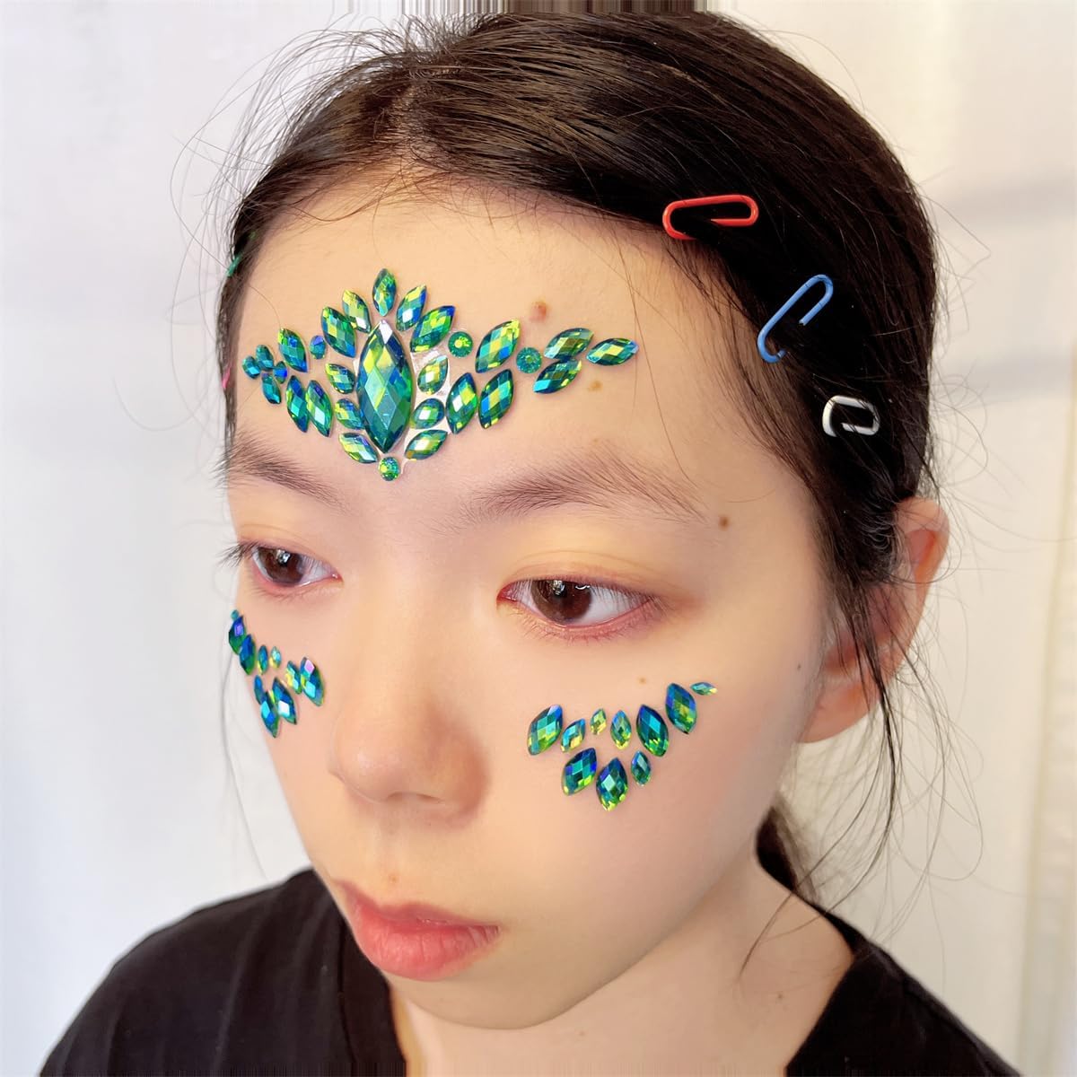 Face Jewels - Green Rhinestone Stickers for Halloween Makeup | Self-Adhesive Festival Glitter Gems