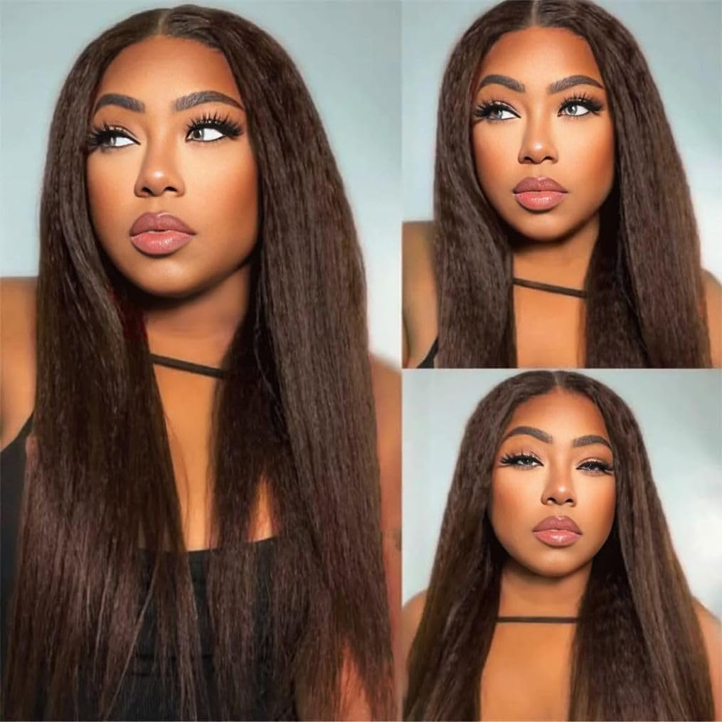 16 Inch Chocolate Brown Kinky Straight Bundles Human Hair 12A Grade 100% Unprocessed Brazilian Virgin Human Hair Weave Yaki Straight Bundles Brown