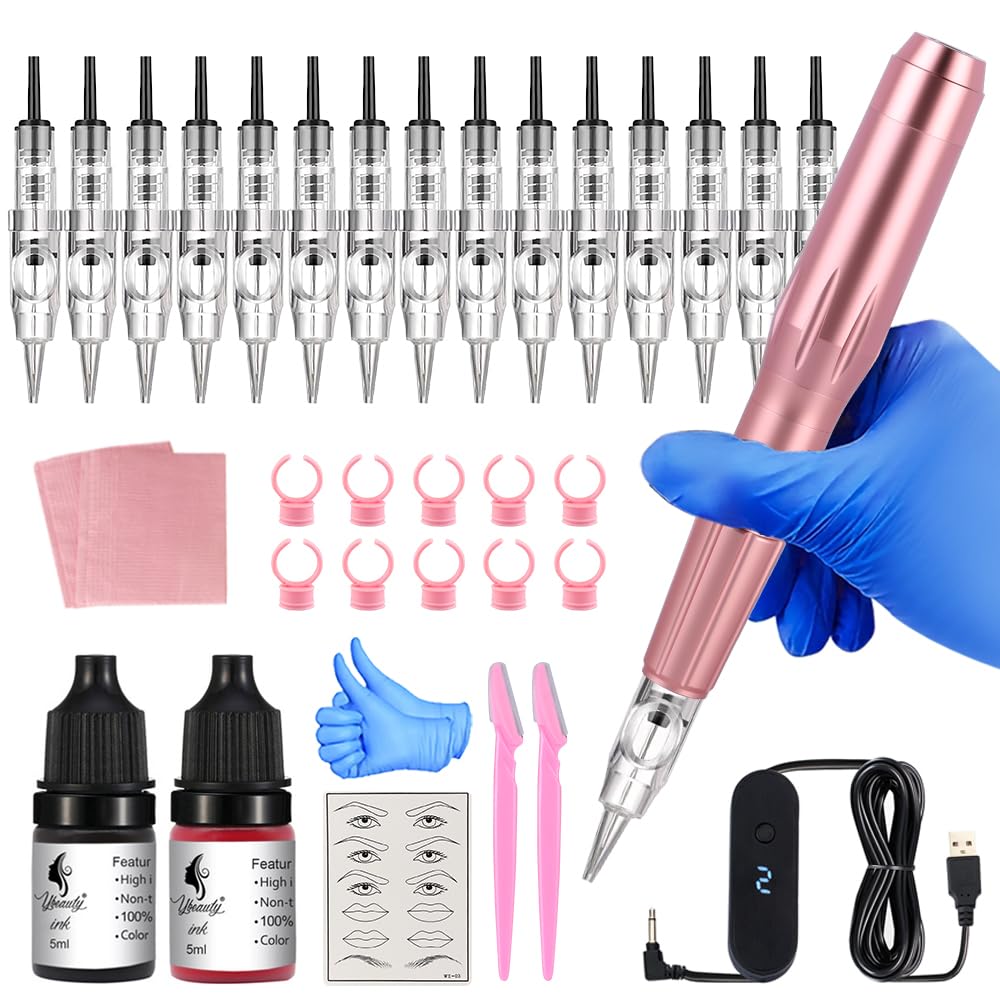 Eyebrow Microblading Tattoo Kit for Beginner Professional Complete Wired Tattoo Gun Set with 15Pcs Cartridge Needles Microblading Supplies for Eyebrow Lip Eyeliner