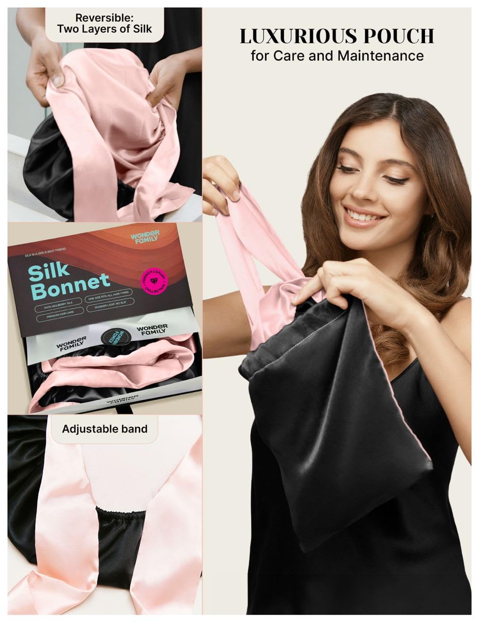 Mulberry Silk Bonnet for Sleeping with Ribbon Fixation & Wonder Loop – Reversible No-Slip Hair Wrap for Sleep, Hair Bonnet for Curly, Straight & Fine Hair - Mothers Day Gift for Mom & Wife