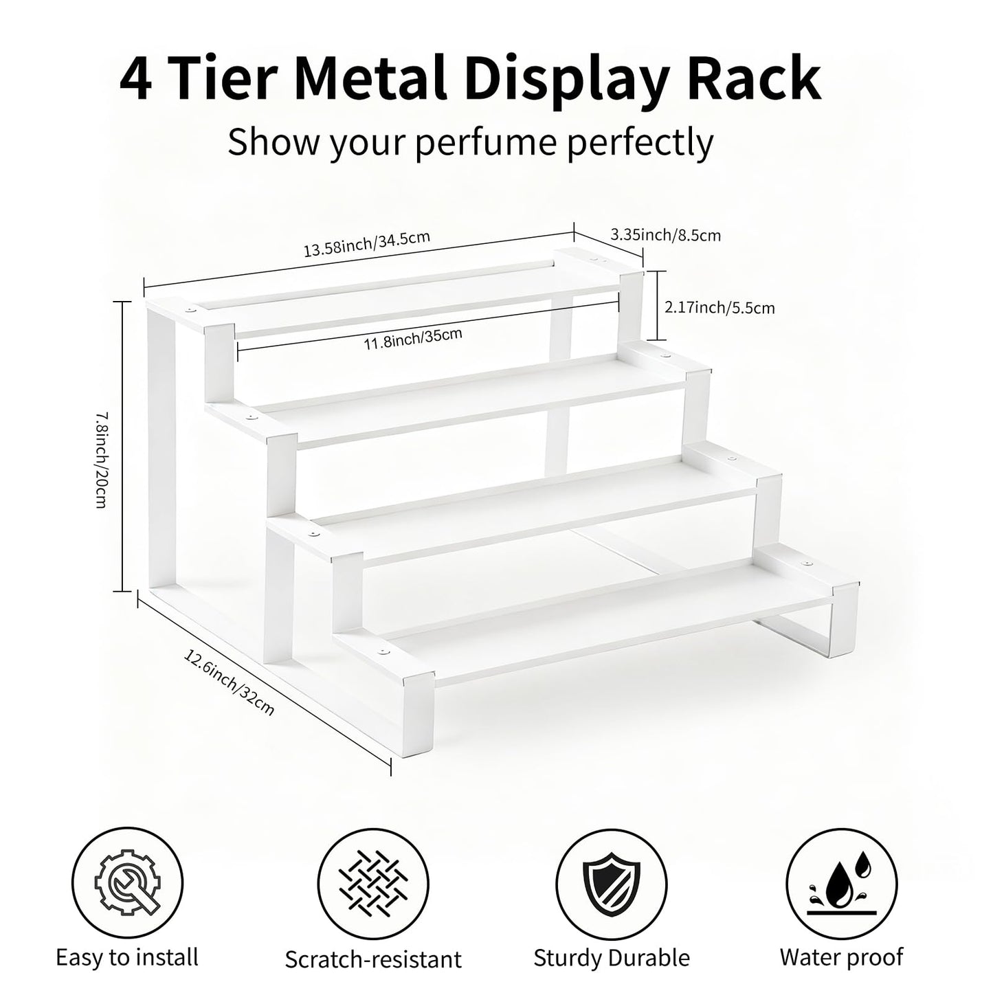 GOENDR Cologne Organizer for Men, 11.8 inch 4 Tier Metal Perfume Organizer Stand, Versatile Step Display Risers Shelf for Fragrance, Skincare, Figurine, Cupcake, Dessert, Spice, 1 Set White