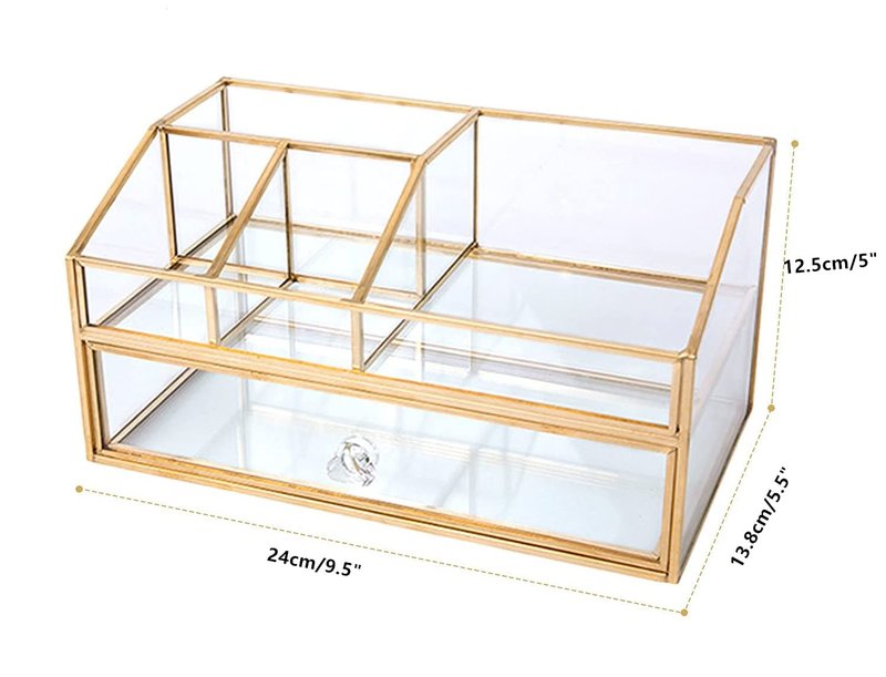 bofeiull Glass Makeup Brush Holder, Makeup Brush Organizer Jewelry Display Box, Nordic Style Elegant Glass Makeup Organizer Nail Polish Lipsticks Eyeliners Holder for Vanity Bathroom Bedroom Office