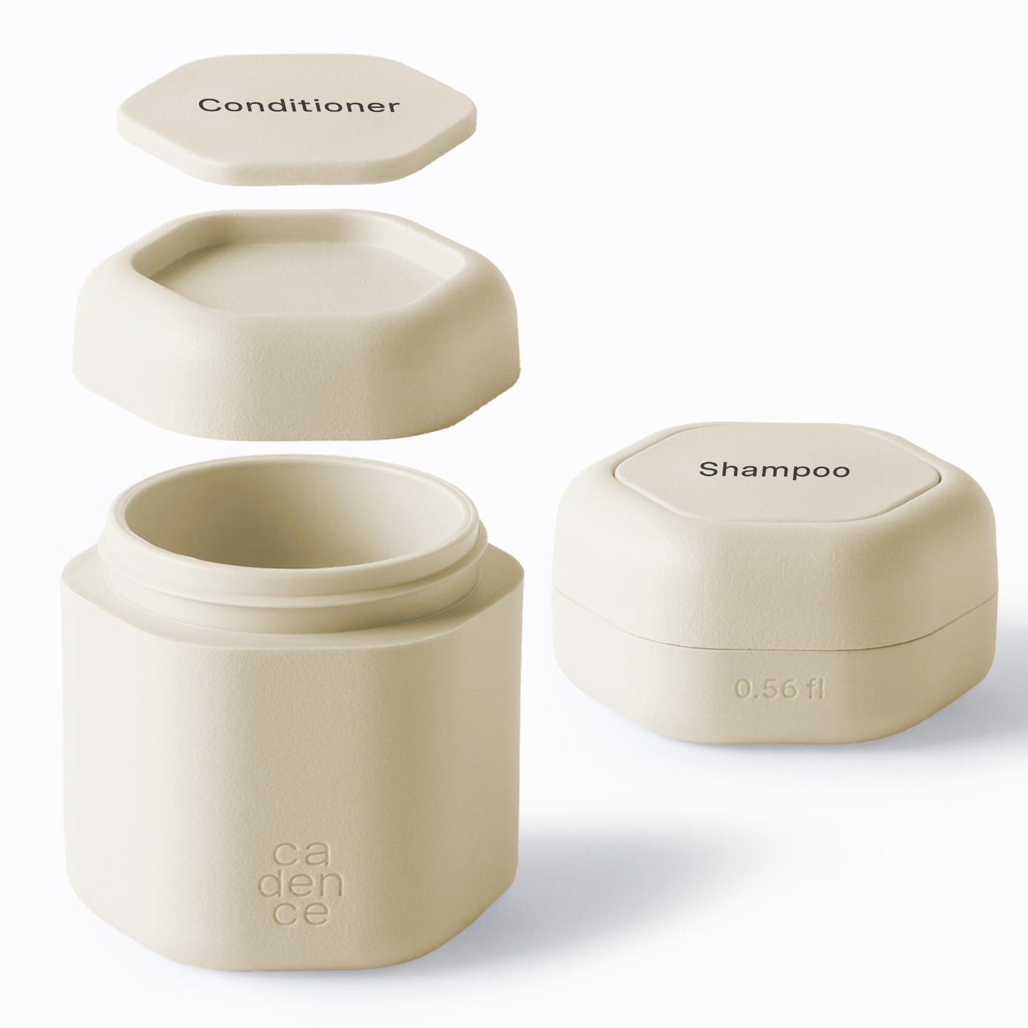 Cadence Travel Containers - 2 Piece Haircare Set - Magnetic Travel Capsules - For Shampoo, Conditioner, Hair Styling Product - 1 Small & 1 Medium Capsule - Shampoo & Conditioner Labels - Sand