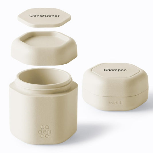 Cadence Travel Containers - 2 Piece Haircare Set - Magnetic Travel Capsules - For Shampoo, Conditioner, Hair Styling Product - 1 Small & 1 Medium Capsule - Shampoo & Conditioner Labels - Sand