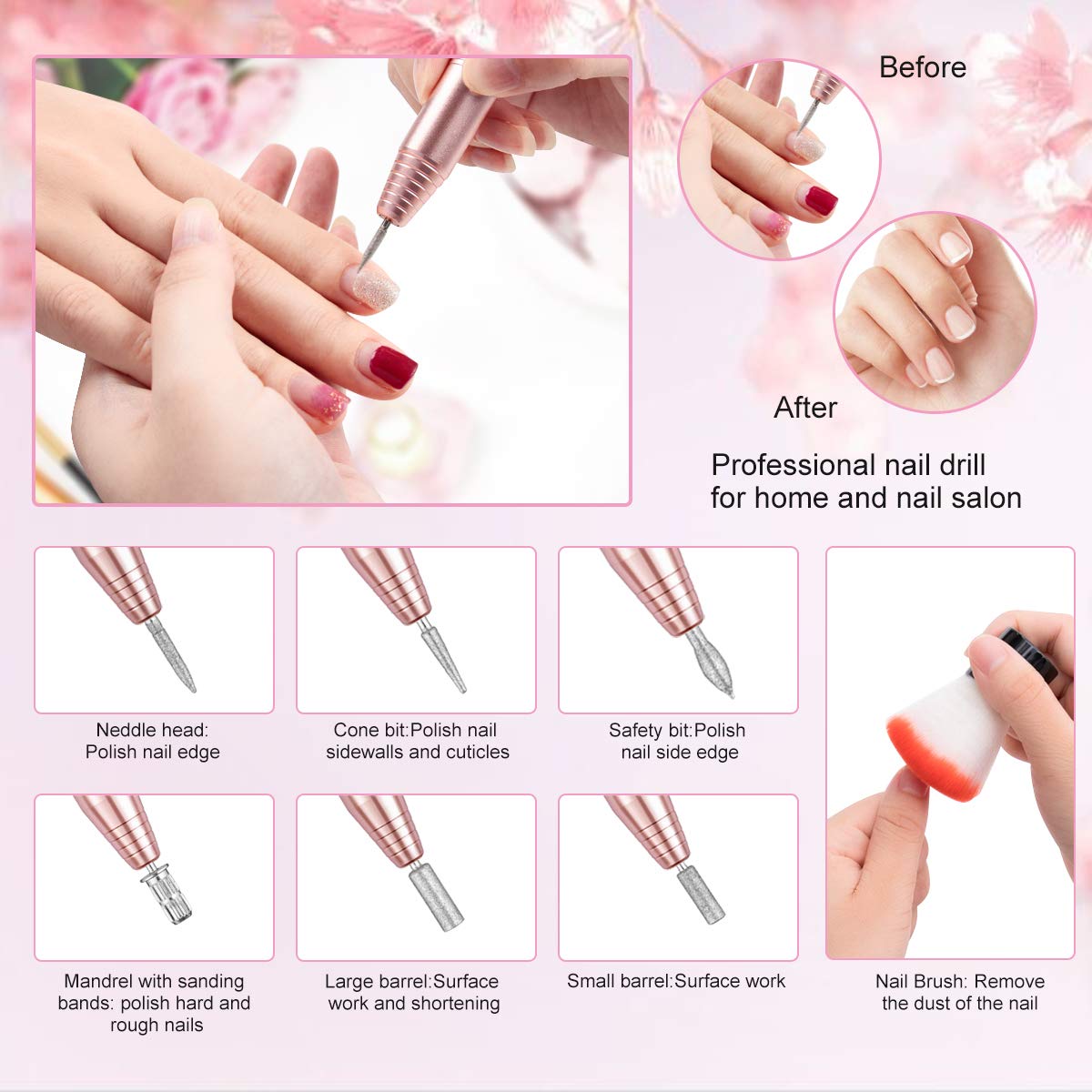 Portable Nail Drill Electric Nail File Professional 20000 RPM Manicure Pedicure Machine Nail File Drill Kit with Sanding Bands,Nail Drill Bits and Brushes for Acrylic Gel Nails(Gold)