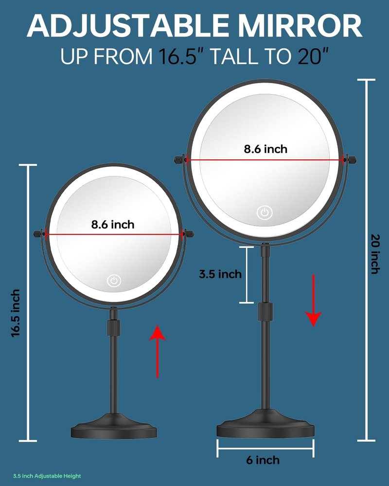 Lighted Makeup Mirror - 9-Inch with 1X/10X Magnification, Dimmable LED, 3 Lighting Colors | Adjustable Height, Black