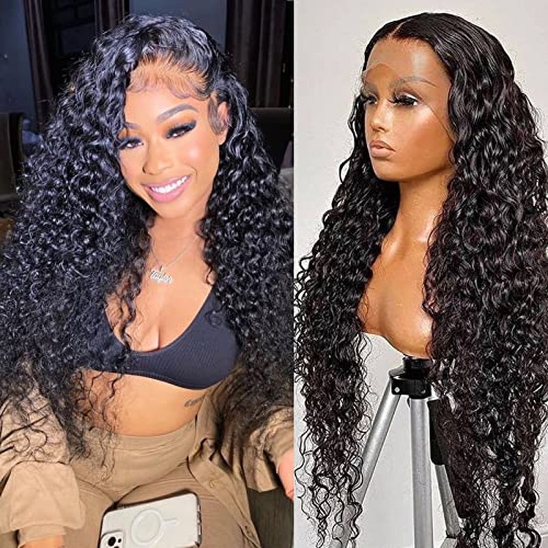 13x6 HD Transparent Lace Front Wigs Human Hair 180 Density Curly Lace Front Wigs Water Wave Wigs for Women Wet and Wavy Human Hair Wig Pre Plucked with Baby hair Natural Color (22 Inch)