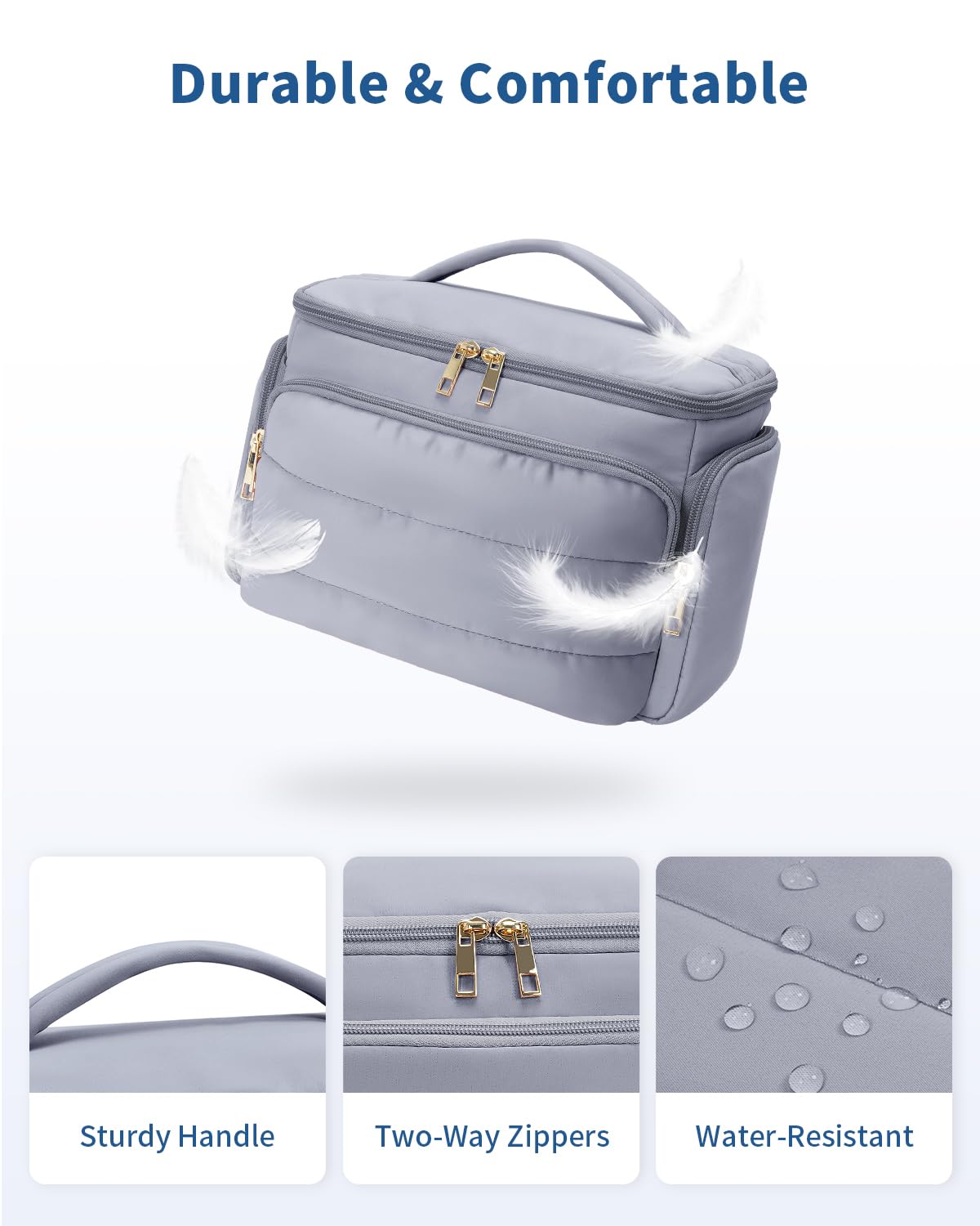 WANDF Travel Toiletry Bag for Women, Wide-open Large Makeup Bag with Handle, Puffy Makeup Organizer for Toiletries, Cosmetics, Accessories, Essentials (Slate Blue)