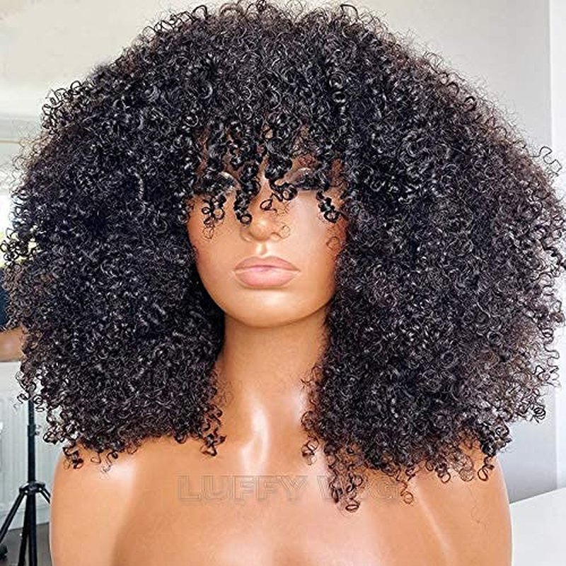 Afro Kinky Curly Wig With Bangs Full Machine Made Scalp Top Wig 200 Density Brazilian Short Curly Human Hair Wigs Natural Color 14 Inch