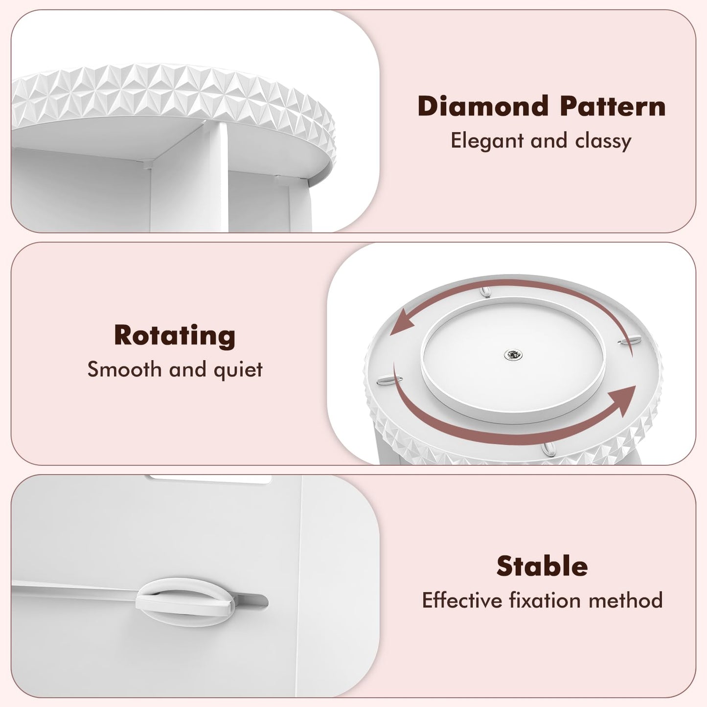 Rosoenvi Rotating Makeup Organizer, Adjustable Vanity Organizer, Large Capacity Cosmetic Display Case for Spinning, Storage Carousel for Bathroom and Vanity Countertop, Diamond Pattern, Large, White