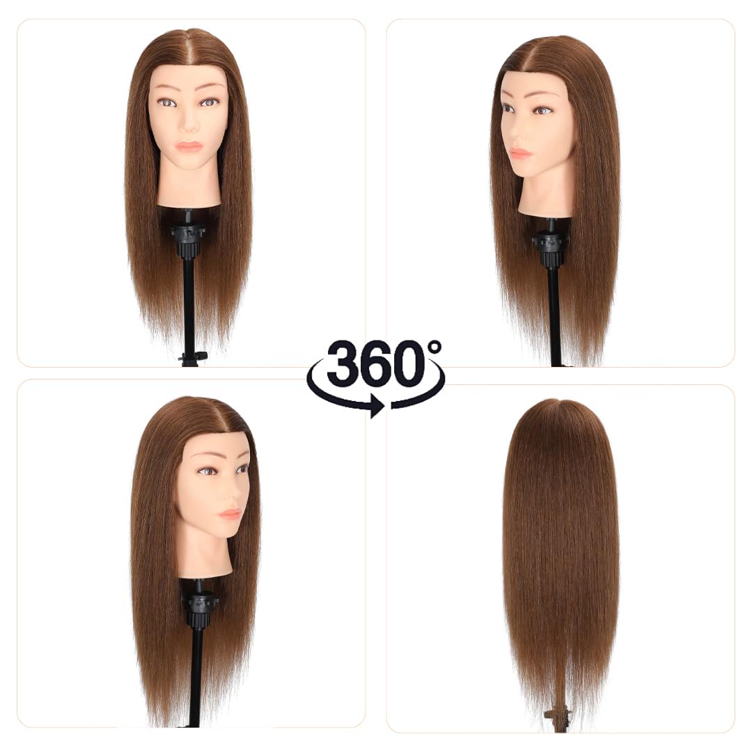 MQHIHI Mannequin Head Human Hair, 100% Real Hair Cosmetology Manikin Head for Practice Braiding Hairstyling Cutting with Free Clamp Holder and Tools (100% Brown)