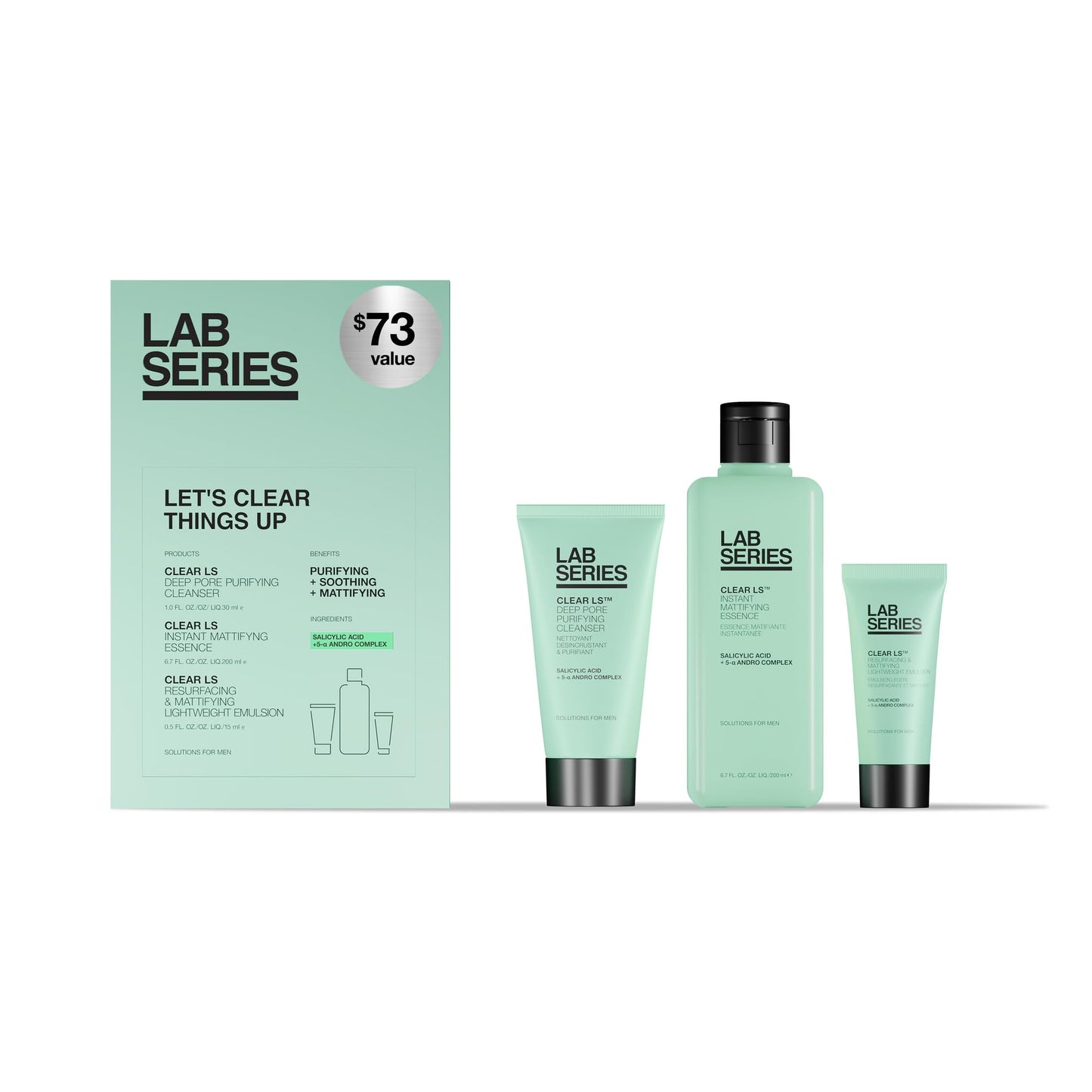 Lab Series Men's Clear LS 3 Step Routine Suitable for Acne Prone Skin - Skin Care Set For Men - Includes Full Size Toner, Travel Size Face Wash & Face Moisturizer