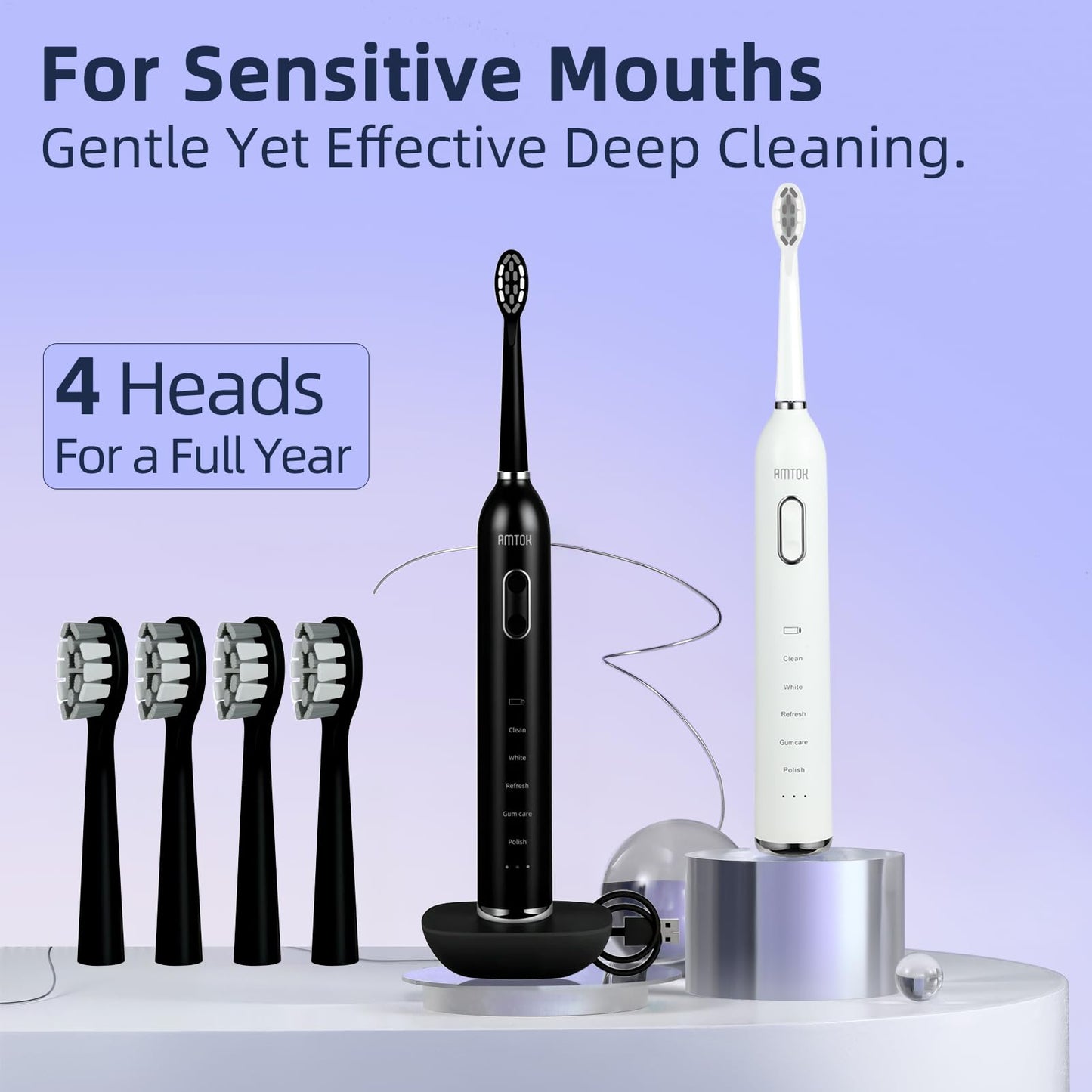 CWX Sonic Rechargeable Electric Toothbrush, Cordless with Fast Wireless Charging, 5 Cleaning Modes & 3 Intensity, 60-Day Battery Life, 4 Brush Heads, Travel Case, IPX7 Waterproof