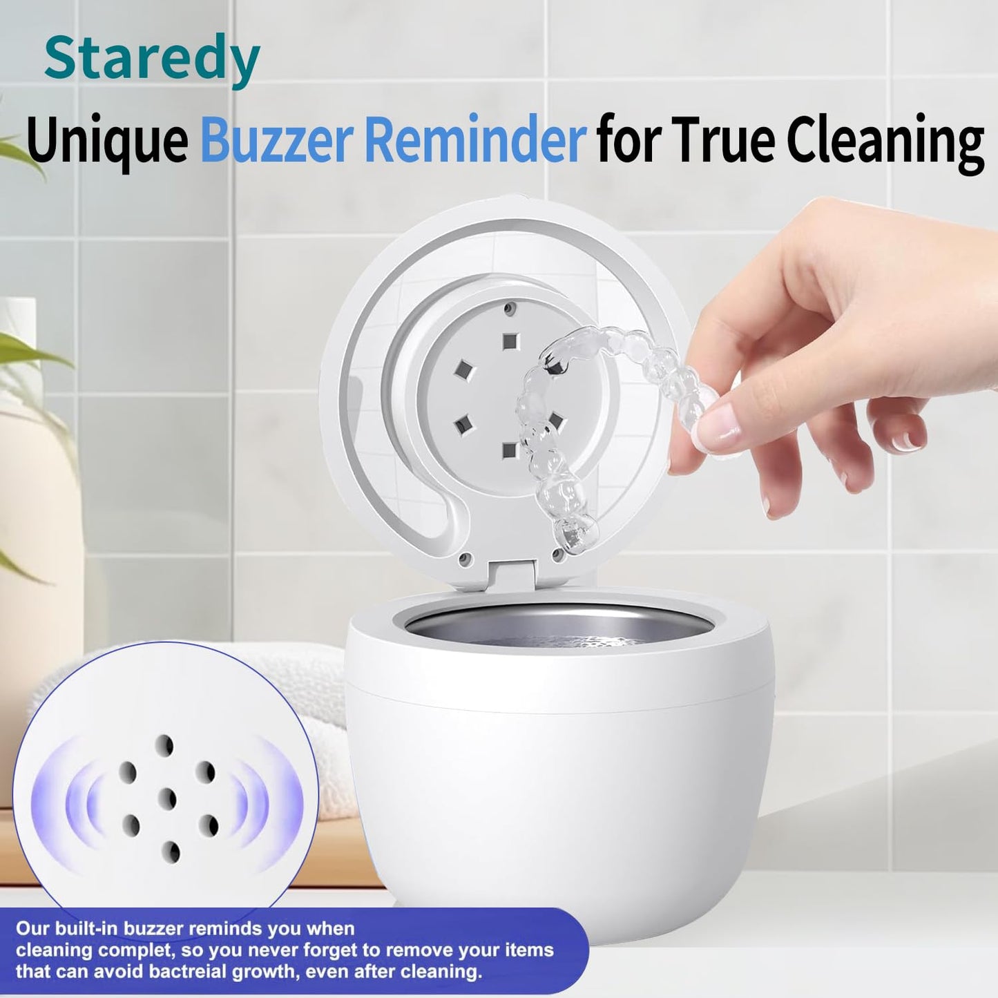Staredy Ultrasonic Retainer Cleaner for Dentures,Oral Dental, 6 UV Lights-4 Mode-200ML Denture Cleaner Machine for Aligner,Braces, Jewelry with Mouth Guard Cleaner-Touchscreen (white)