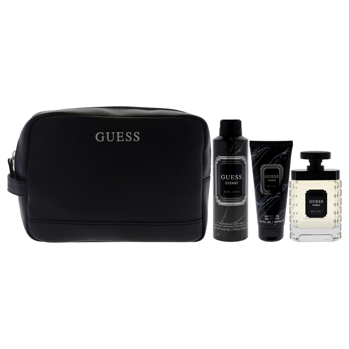Guess Uomo by Guess for Men - 4 Pc Gift Set 3.4oz EDT Spray, 6oz Deodorizing Body Spray, 3.4oz Shower Gel, Pouch