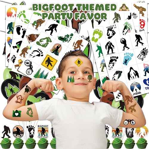 96 PCS Bigfoot Jungle Pre-Cut Temporary Tattoos for Kids Themed Birthday Party Decorations Favors Supplies Super Cute Monster Outdoor Tattoo Stickers Gifts for Boys Girls School Rewards Carnival
