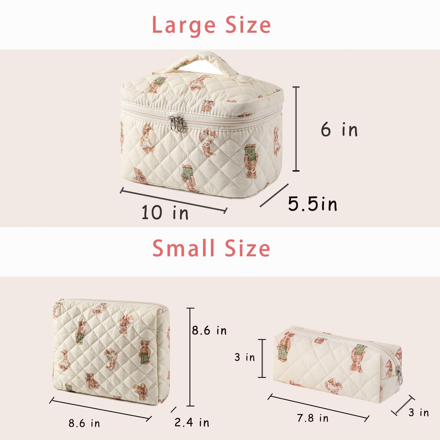 uekeboag 3 pcs Large Floral Quilted Makeup Bag Set for Women, Cotton Quilted Big Cosmetic Bag, Coquette Aesthetic Cute Travel Toiletry Bag(3Pcs Bear)